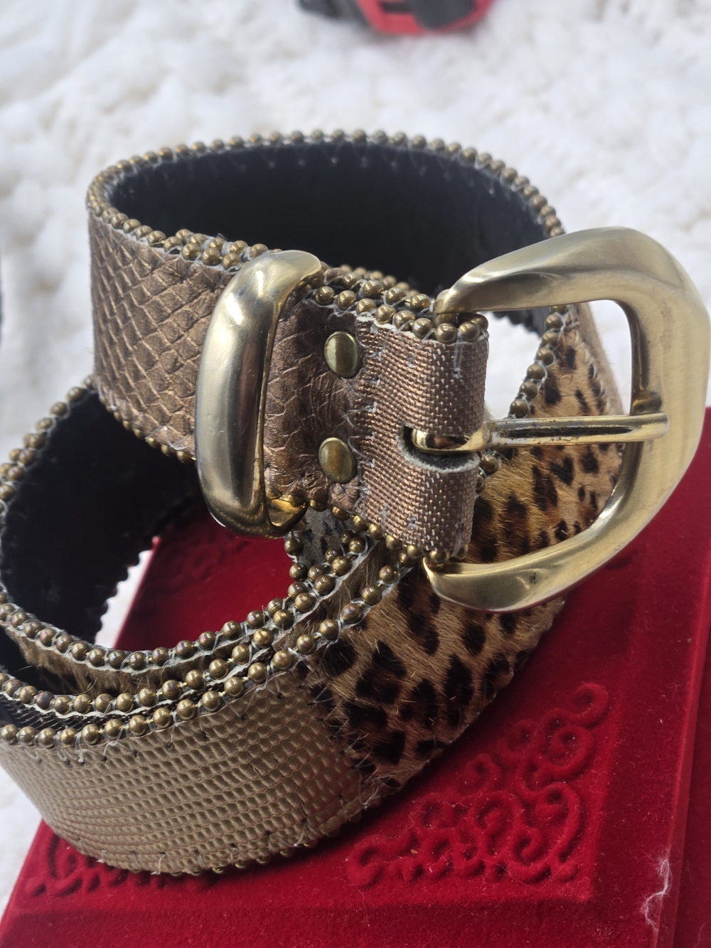 Wide Metallic Bronze Belt with Leopard Accent and Gold Buckle